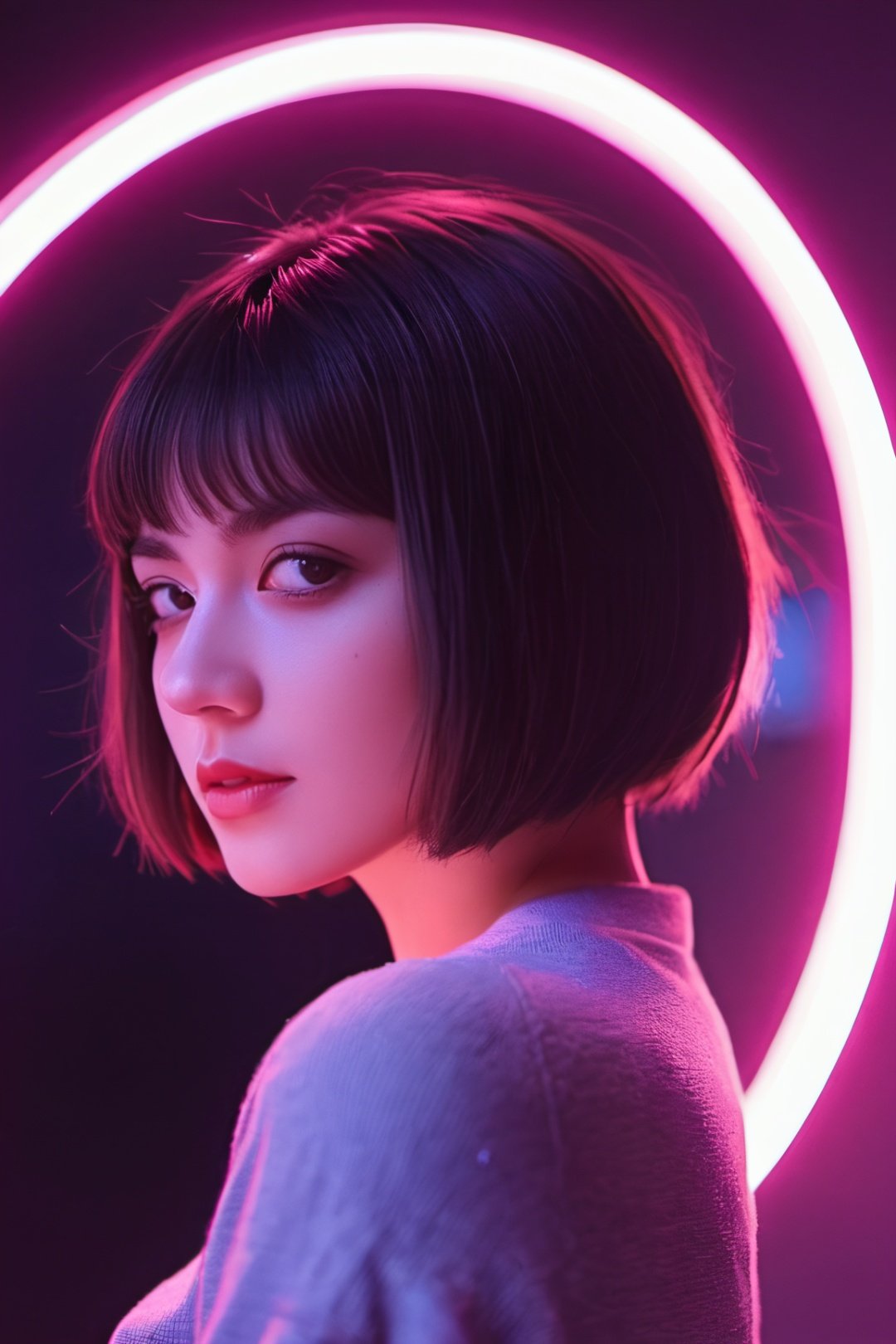 neon photography style, female focus, one girl looking at viewer, upper body, short hair,bob cut, solo, night time, outdoors, dark,depth_of_field,neon light, <lora:EMS-32188-EMS:0.8>