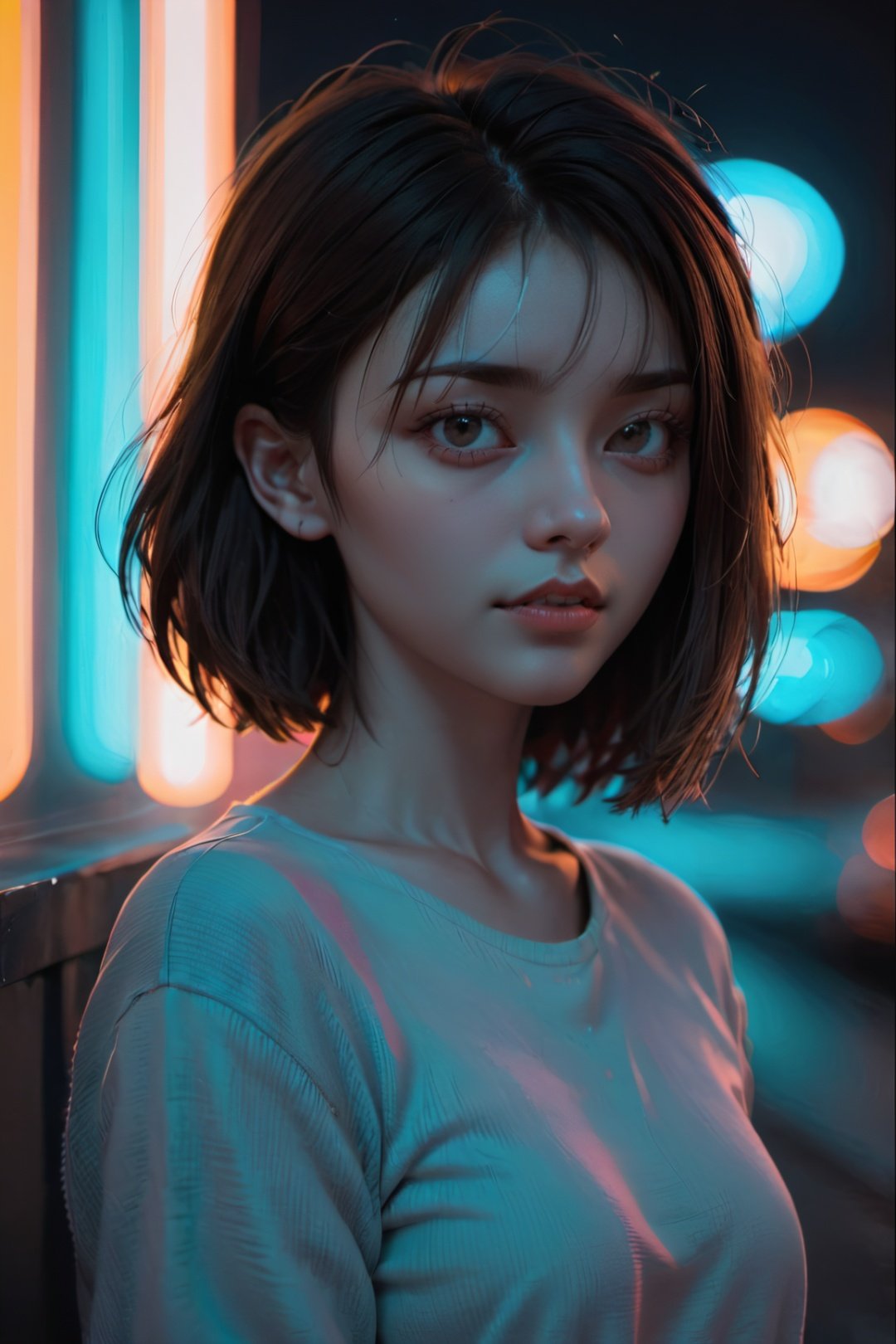 neon photography style, female focus, one girl looking at viewer, upper body, short hair, solo, night time, outdoors, dark,aesthetic portrait, dual tone light,, <lora:EMS-32188-EMS:0.8>
