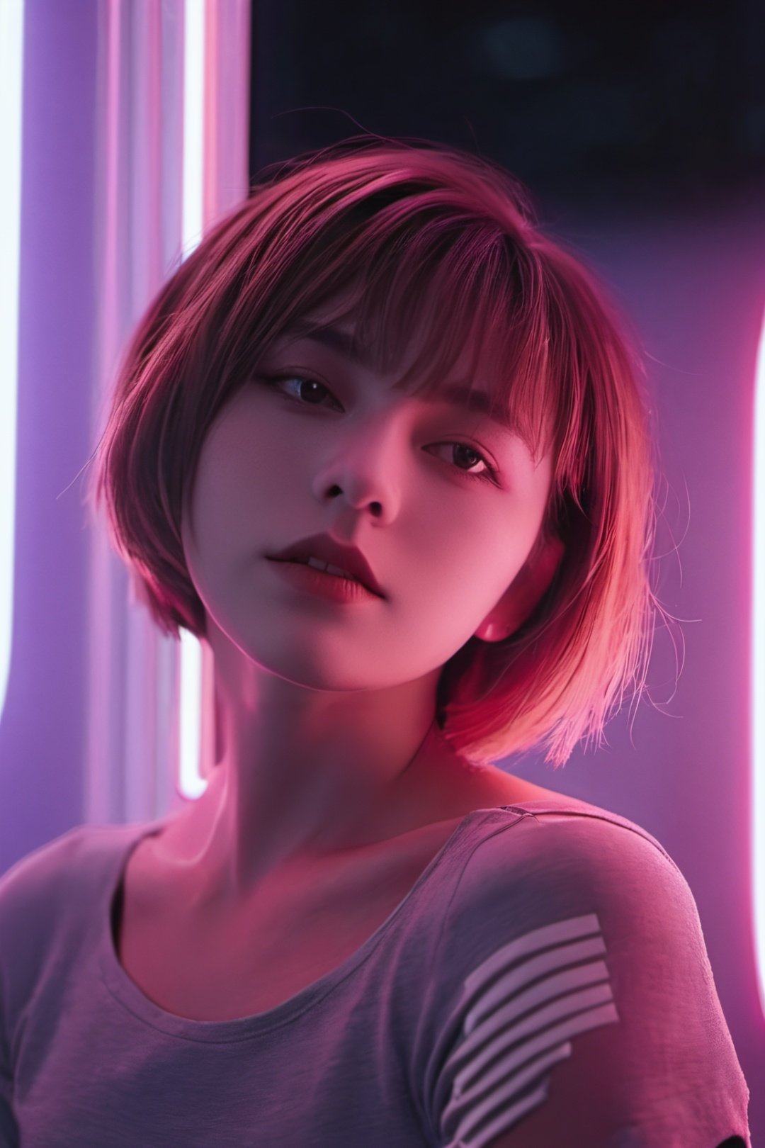 neon photography style, female focus, one girl looking at viewer, upper body, short hair, solo, night time, outdoors, dark,aesthetic portrait, dual tone light, 