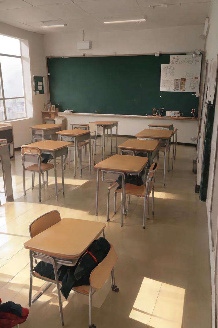 masterpiece, best quality, ultra-detailed, illustrationkyoushitsu, kyoushitsu, classroom, chalkboard, no humans, chair, desk, window, indoors, scenery, school, bulletin board, school desk, sunlight, shadow, curtains, chinese text, school chair, <lora:Gakkou_test4_Resize_DIM4:1>