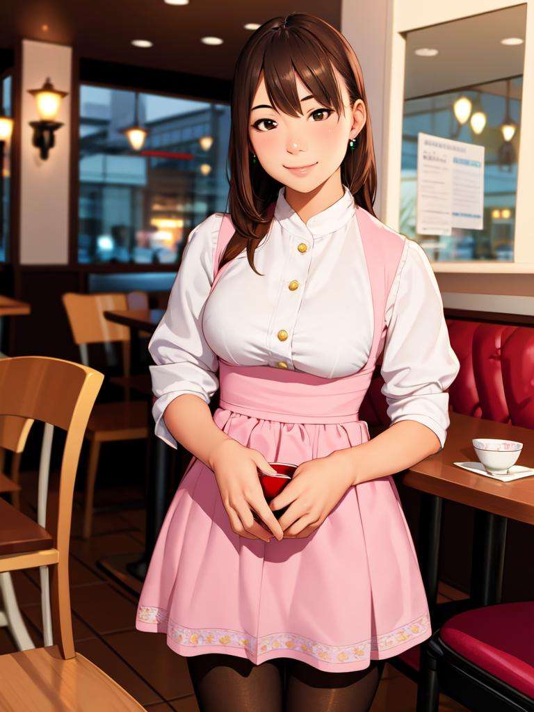 masterpiece, best quality, ultra-detailed, illustration,AMSC, identity censor, solo, waitress, 1girl, censored, brown hair, realistic, restaurant, photo background, smile, table, indoors, own hands together, jewelry, pink skirt, skirt, pantyhose, chair, <lora:AMSC:0.6>