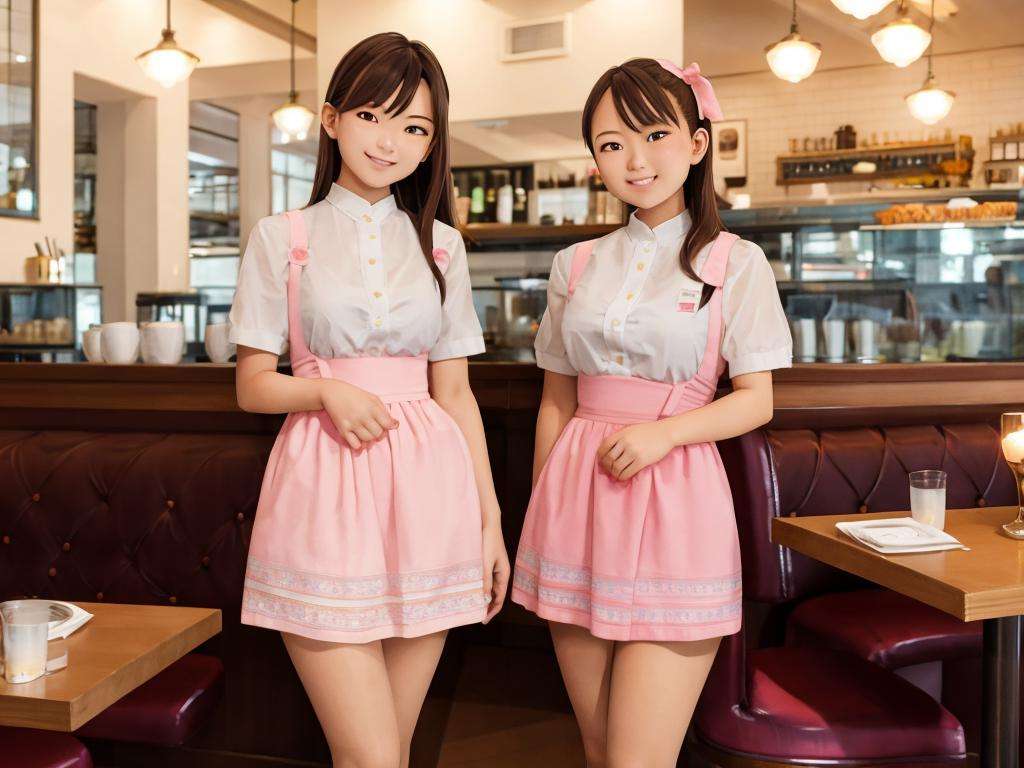 masterpiece, best quality, ultra-detailed, illustration,AMSC,2girls,  waitress,  brown hair, restaurant, photo background, smile, table, indoors, own hands together, pink skirt, pantyhose, chair, see-through, night<lora:AMSC:0.6>