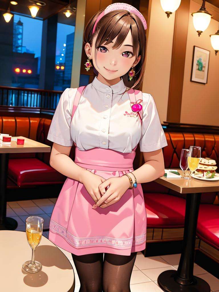 masterpiece, best quality, ultra-detailed, illustration,AMSC, identity censor, solo, waitress, 1girl, censored, brown hair, realistic, restaurant, photo background, smile, table, indoors, own hands together, jewelry, pink skirt, skirt, pantyhose, chair, see-through <lora:AMSC:0.6>