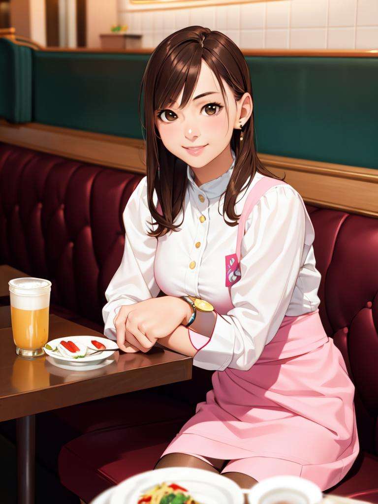 masterpiece, best quality, ultra-detailed, illustration,AMSC, identity censor, solo, waitress, 1girl, censored, brown hair, realistic, restaurant, photo background, smile, table, indoors, own hands together, jewelry, pink skirt, skirt, pantyhose, chair, <lora:AMSC:0.6>