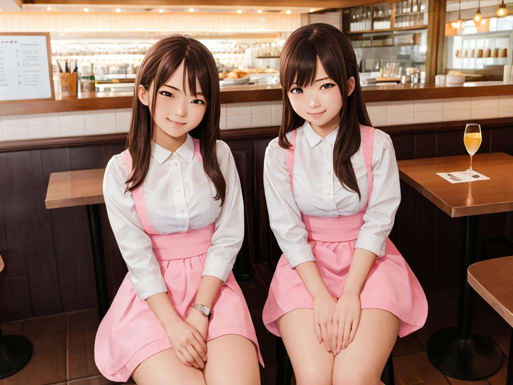 masterpiece, best quality, ultra-detailed, illustration,AMSC,2girls,  waitress,  brown hair, restaurant, photo background, smile, table, indoors, own hands together, pink skirt, pantyhose, chair, see-through, night<lora:AMSC:0.6>