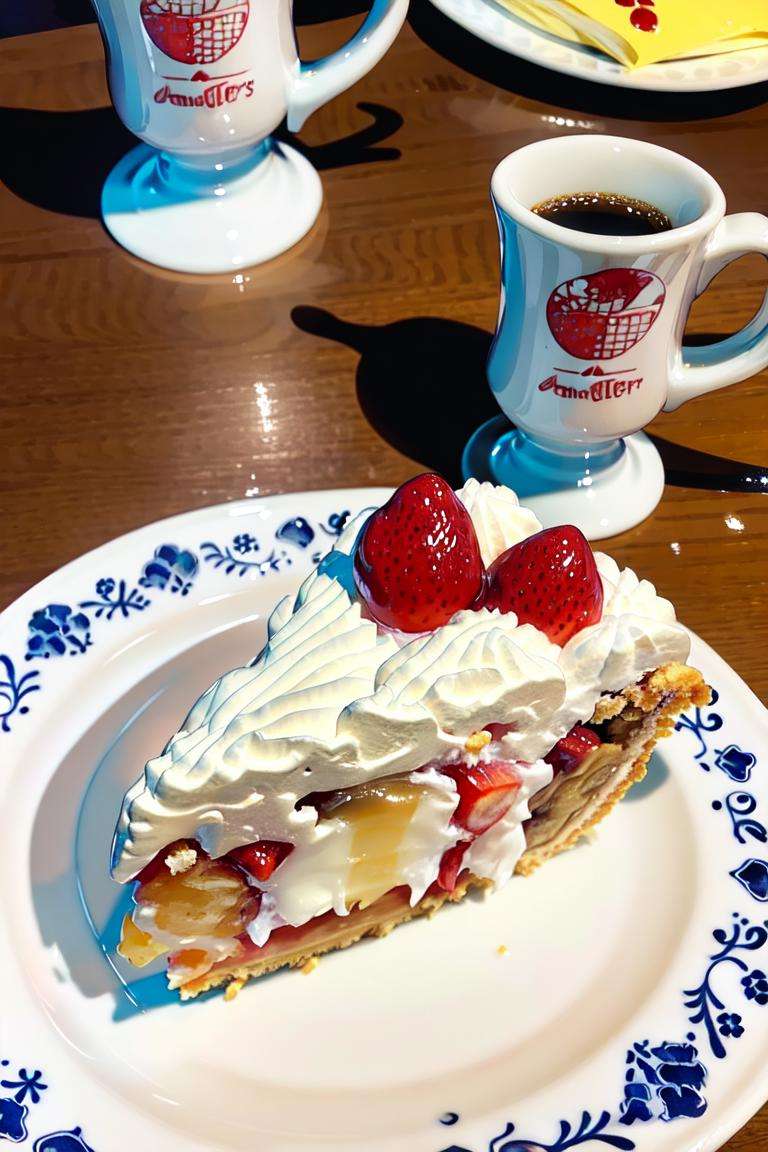 masterpiece, best quality, ultra-detailed, illustration,fruitcreampie, plate, AMTS, cake, still life, food focus, food,  fork, wooden table, cup, coffee, mug, saucer, coffee mug,  <lora:AMSC_V2:1>