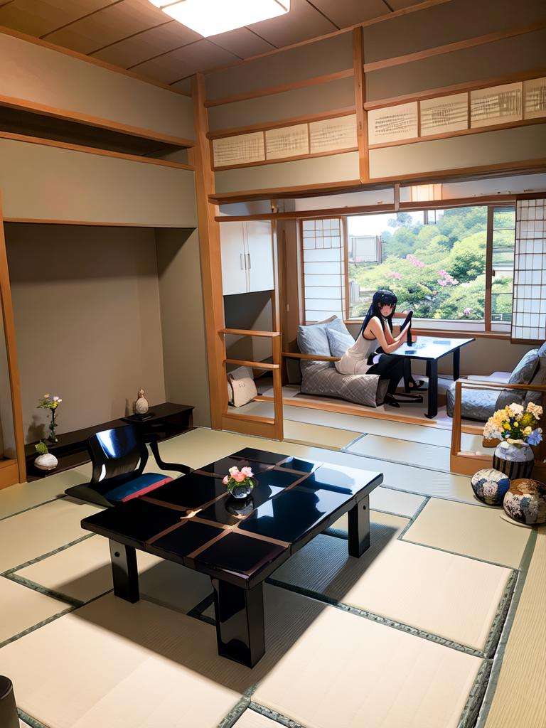 masterpiece, best quality, ultra-detailed, illustration,1girl, glasses, white sundress, straw hat, hair ribbon, ryokan, scenery, plant, indoors, table, lamp, vase, architecture, pillow, window, tatami, clock, book, cushion, flower, sunlight, sliding doors, painting (object),  <lora:ryokan:1>