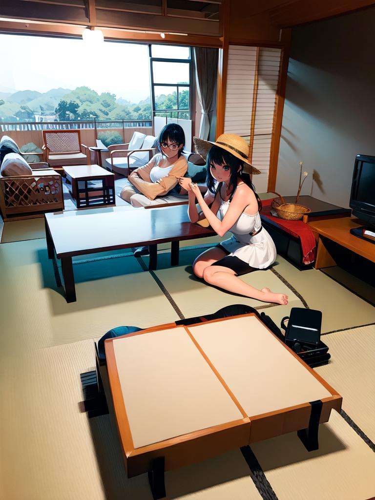 masterpiece, best quality, ultra-detailed, illustration,1girl, glasses, white sundress, straw hat, hair ribbon, ryokan, table, chair, scenery, indoors, window, book, day, sky, television, desk,  <lora:ryokan:1>