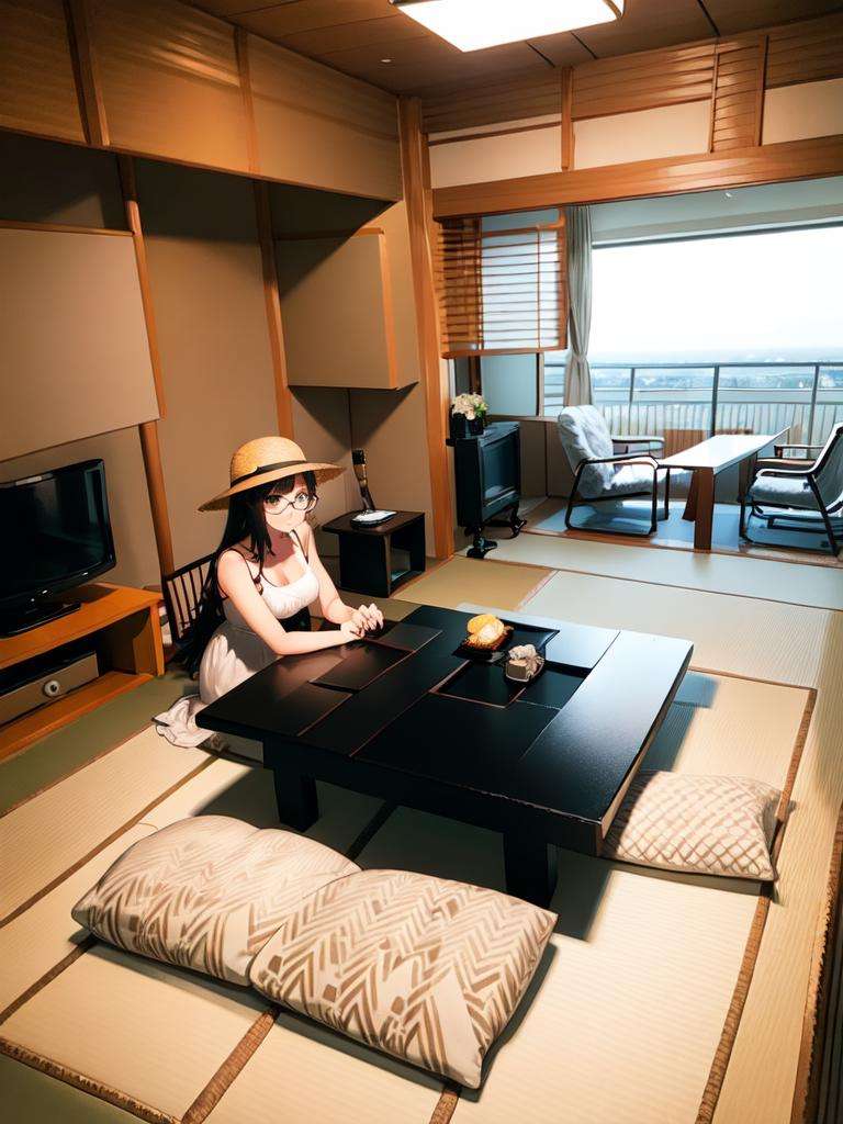 masterpiece, best quality, ultra-detailed, illustration,1girl, glasses, white sundress, straw hat, hair ribbon, ryokan, table, chair, scenery, indoors, window, book, day, sky, television, desk,  <lora:ryokan:1>