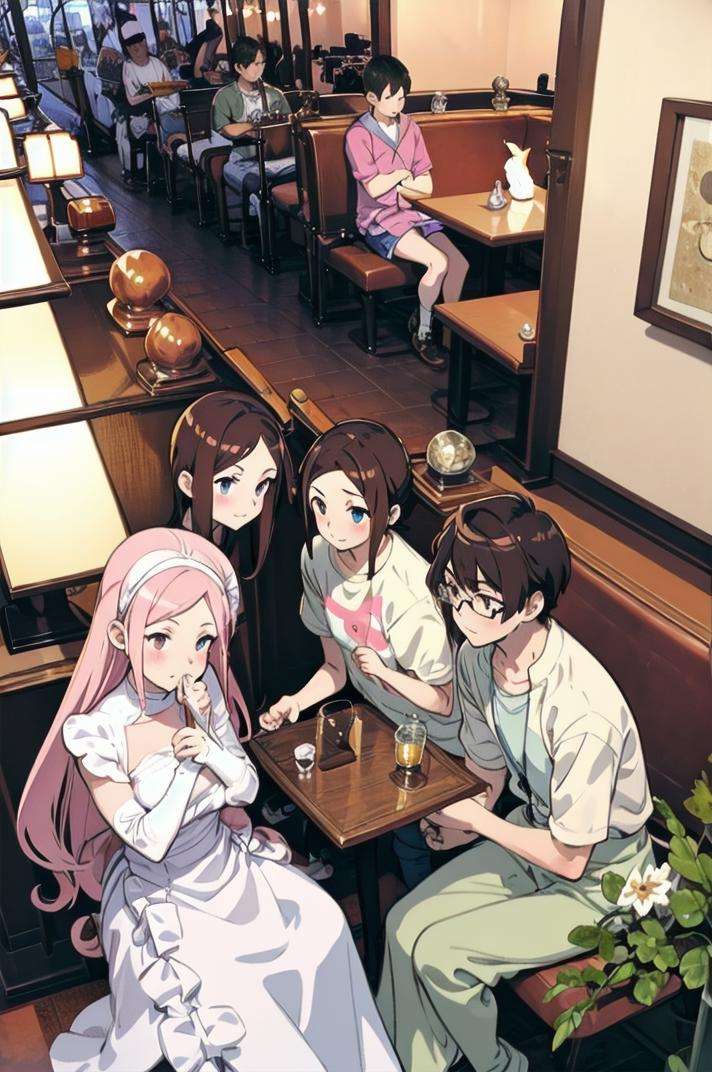 masterpiece, best quality, ultra-detailed, illustration,coffeeyadream, SOSD, indoors, multiple boys, chair, sitting, glasses, lamp, table, scenery, window, 2boys, 1boy, multiple girls, realistic, cafe <lora:Cafe_Dream_V2_1 _MID2_Resize_DIM32:1>
