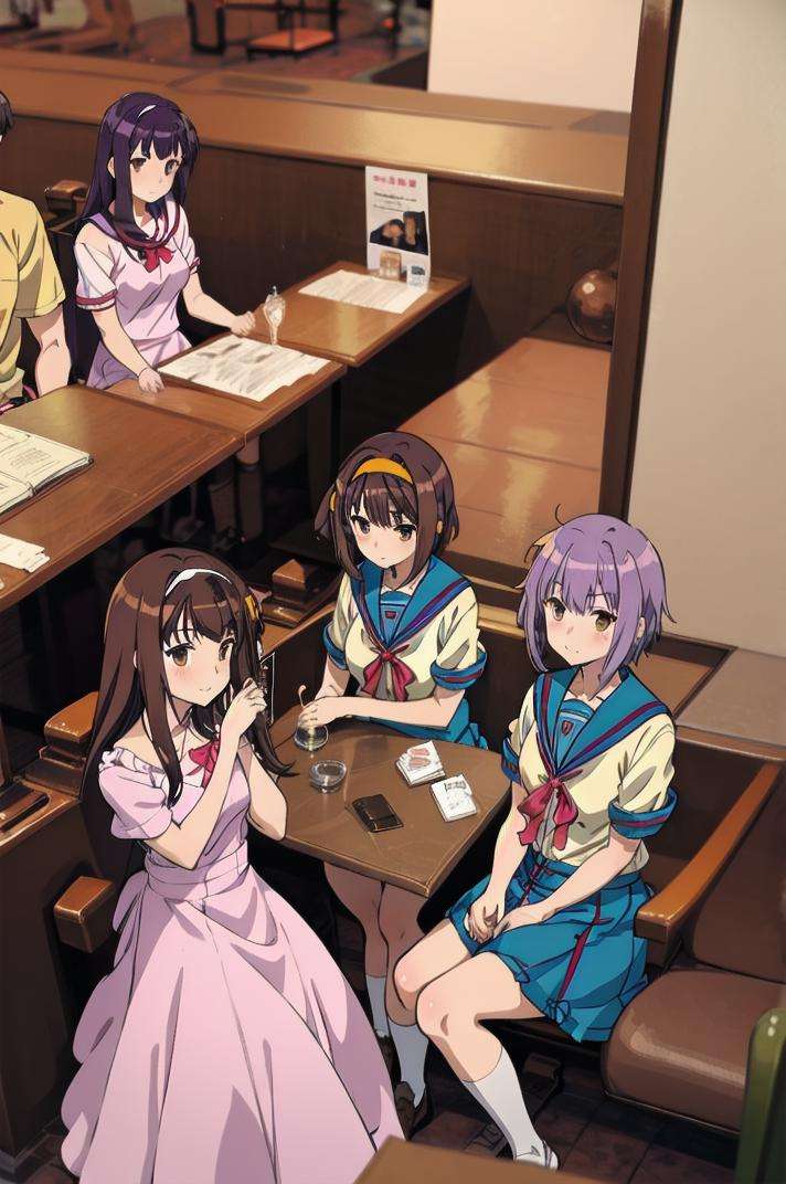 masterpiece, best quality, ultra-detailed, illustration,coffeeyadream, SOSD, nagato yuki, multiple girls, 3girls, asahina mikuru, kyon, suzumiya haruhi, blue sailor collar, koizumi itsuki, sailor collar, multiple boys, table, purple hair, kita high school uniform, 2boys, short hair, brown hair, sitting, serafuku, school uniform, short sleeves, summer uniform, shirt, long hair, indoors, glass, chair, casual, hairband, white shirt, blue skirt, pink shirt, brown eyes, cafe <lora:Cafe_Dream_V2_1 _MID2_Resize_DIM32:1>