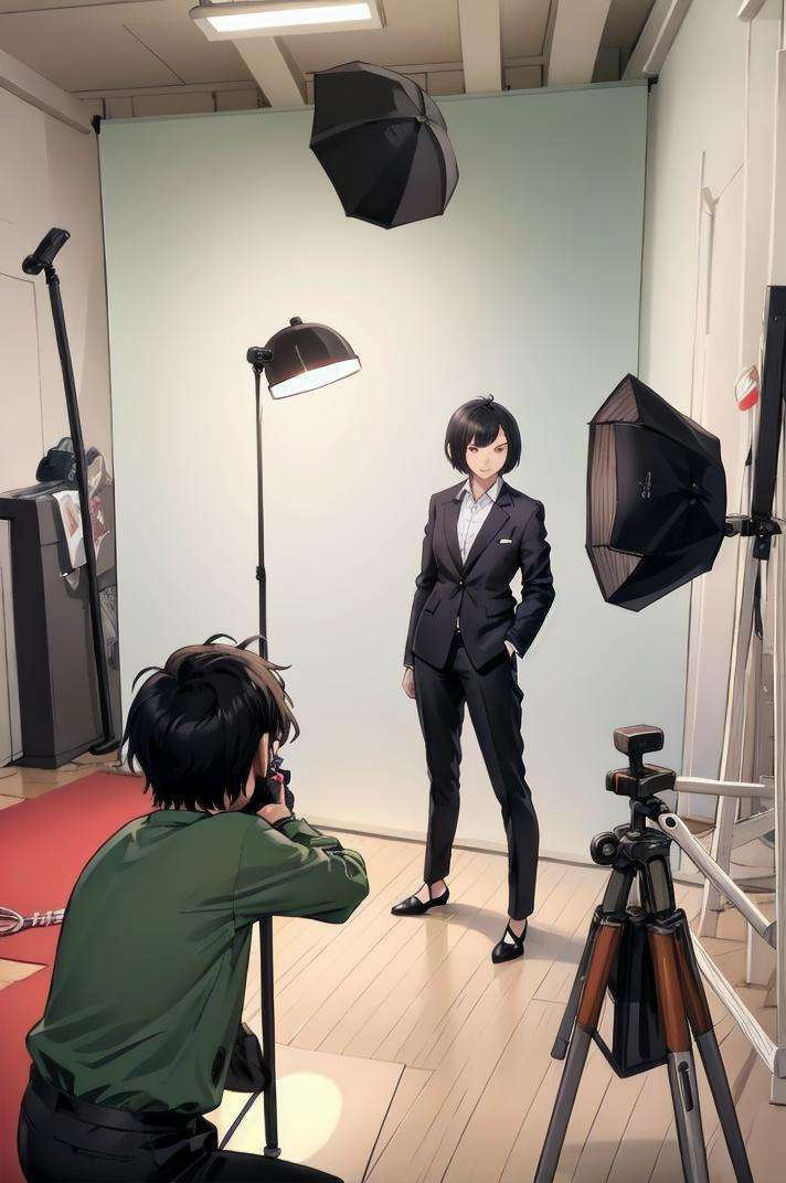 masterpiece, best quality, ultra-detailed, illustration,photostudio, shooting light, 1girl solo, black pants, pants, standing, shirt, formal, black hair, short hair, long sleeves, shoes, wide shot, indoors,  cyclorama,, white cyclorama, <lora:Photo_Studio_V3_1.0_MIDD_Resize_DIM8:1>