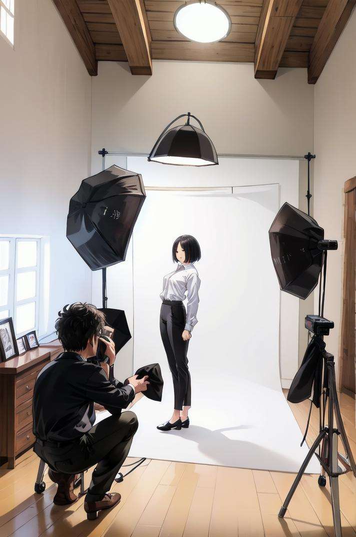 masterpiece, best quality, ultra-detailed, illustration,photostudio, shooting light, 1girl solo, black pants, pants, standing, shirt, formal, black hair, short hair, long sleeves, shoes, wide shot, indoors,  cyclorama,, white cyclorama, <lora:Photo_Studio_V3_1.0_MIDD_Resize_DIM8:1>