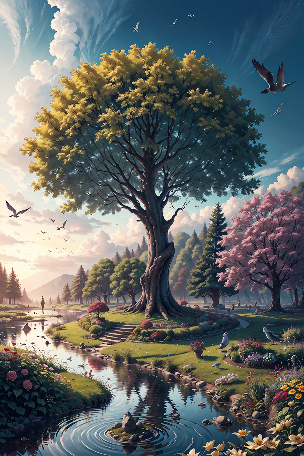 Eden's garden in heaven,  beautiful landscape,  magestic,  ethereal,  golden,  trees,  lake,  bushes,  flowers,  magestic birds flying in the sky, fantasy00d,<lora:EMS-67880-EMS:0.500000>
