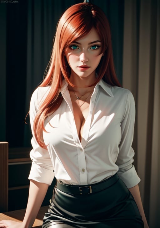 1girl, red hair, single bun, ((green eyes)), white shirt, collared shirt, black skirt, thighhihs, cleavage, ((detailed face and eyes)), perfect eyes, intrincate details, masterpiece, best quality, realistic, 3D, photorealistic, 4K, HDR, cinematiclighting,  <lora:Mei_Terumi:0.8>