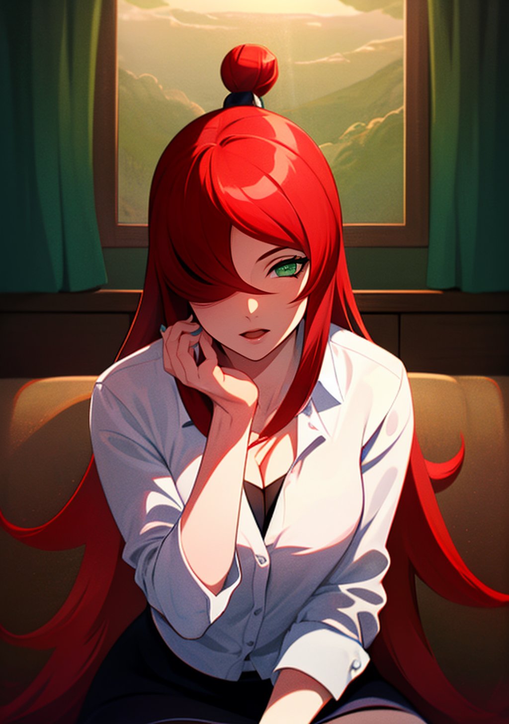 1girl, red hair, bun, ((green eyes)), white shirt, collared shirt, black skirt, thighhihs, cleavage, ((mei terumi)), ((detailed face and eyes)), perfect eyes, intrincate details, masterpiece, best quality, 4K, HDR, cinematiclighting