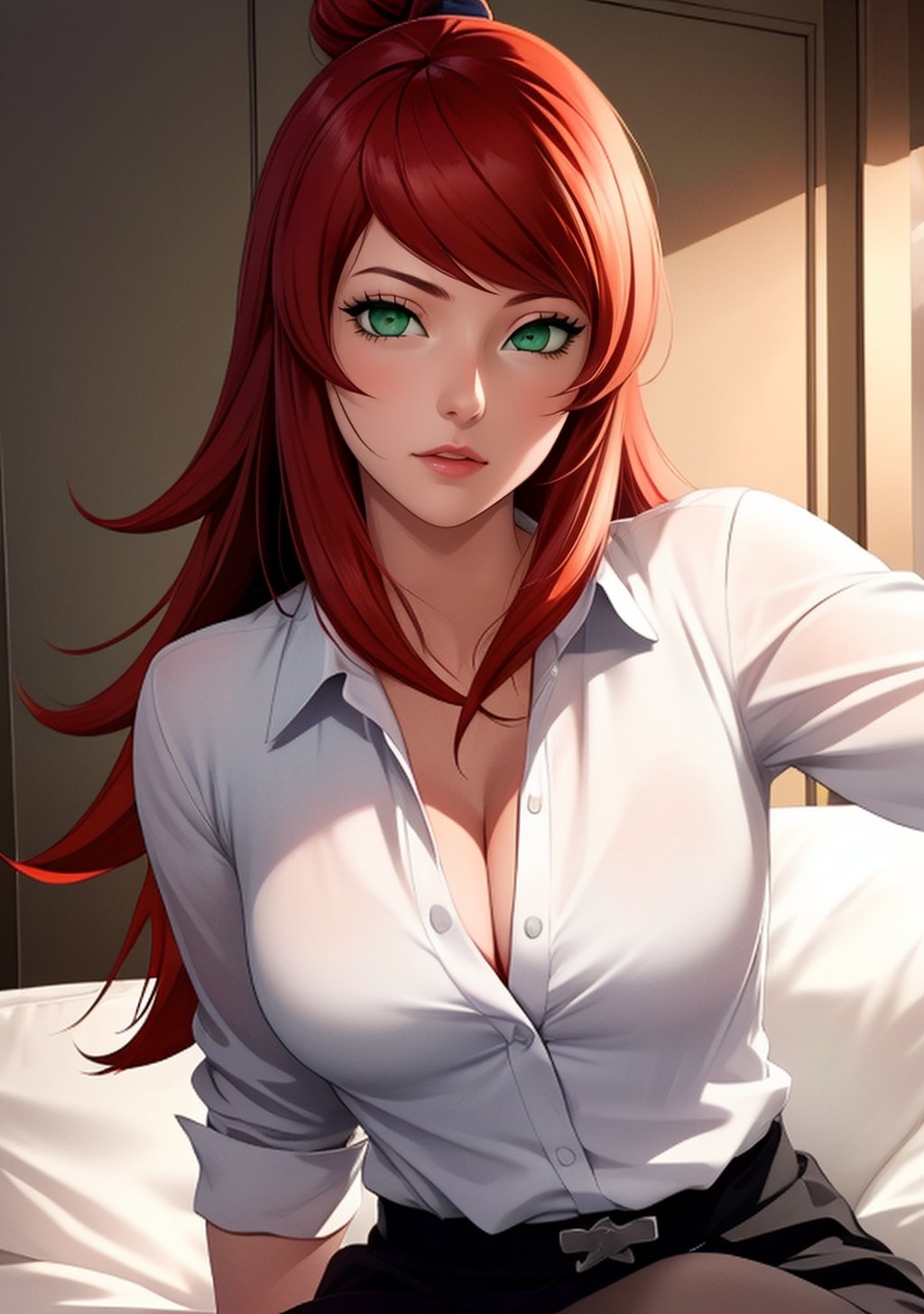 1girl, red hair, bun, ((green eyes)), white shirt, collared shirt, black skirt, thighhihs, cleavage, ((mei terumi)), ((detailed face and eyes)), perfect eyes, intrincate details, masterpiece, best quality, realistic, 4K, HDR, cinematiclighting