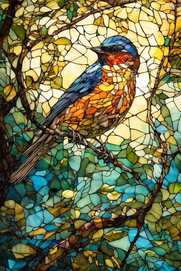  high_resolution, high detail, birds, Tree, glass art, glass style