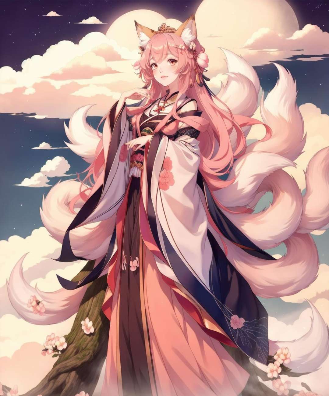 1girl, (9tail fox), peach blossom, mysterious forest, cloud, sky, night <lyco:9tail-10:0.7>