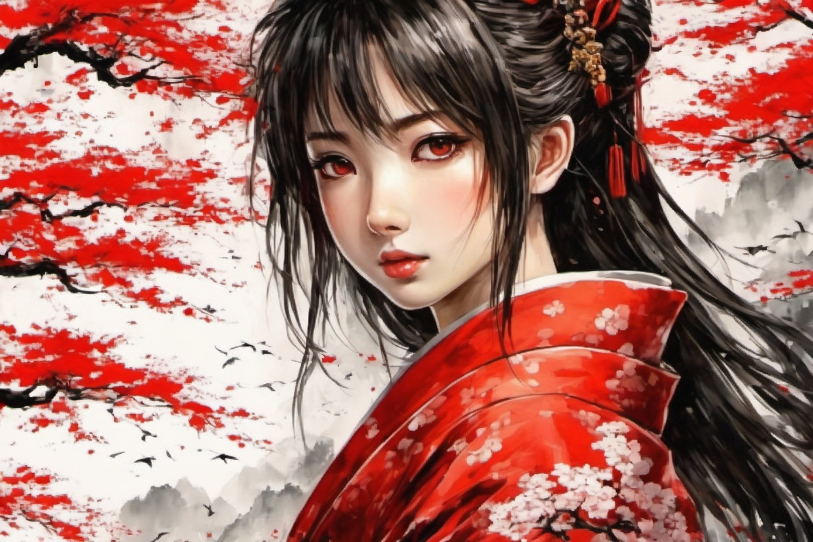 japanese art, 1girl, black and red color, high_resolution, high detail, 