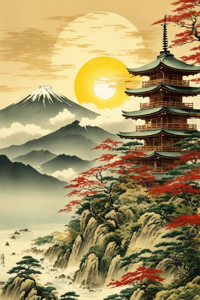 japanese art, mountain, sun, high_resolution, high detail, 