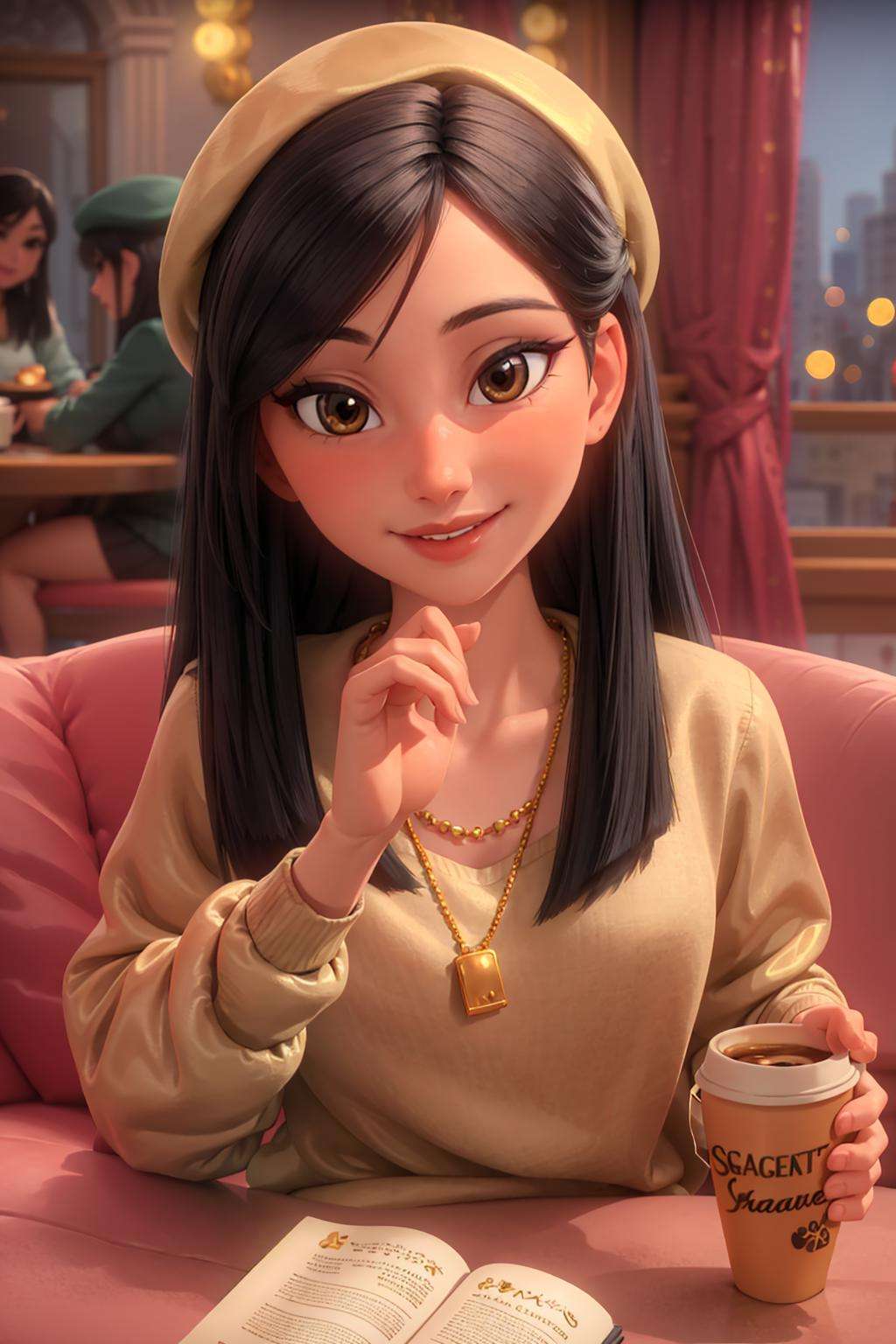 portrait, looking at viewer, smile, parted lips,1girl, solo, blunt ends, brown eyes, long hair,black beret, oversized beige sweater, thin gold necklacesitting at cafe, holding coffee, morning, bustling cafe, city visible through window,volumetric lighting, masterpiece, best quality<lora:Mulan_ODD:0.6>