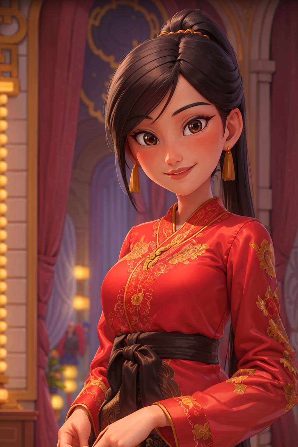 portrait, looking at viewer, smile, parted lips,1girl, solo, blunt ends, brown eyes, ponytail,intricate qipao, floral pattern, mandarin gown, velvet gown, medium breasts, jewelry,outdoors, courtyard, china,volumetric lighting, masterpiece, best quality<lora:Mulan_ODD:0.6>