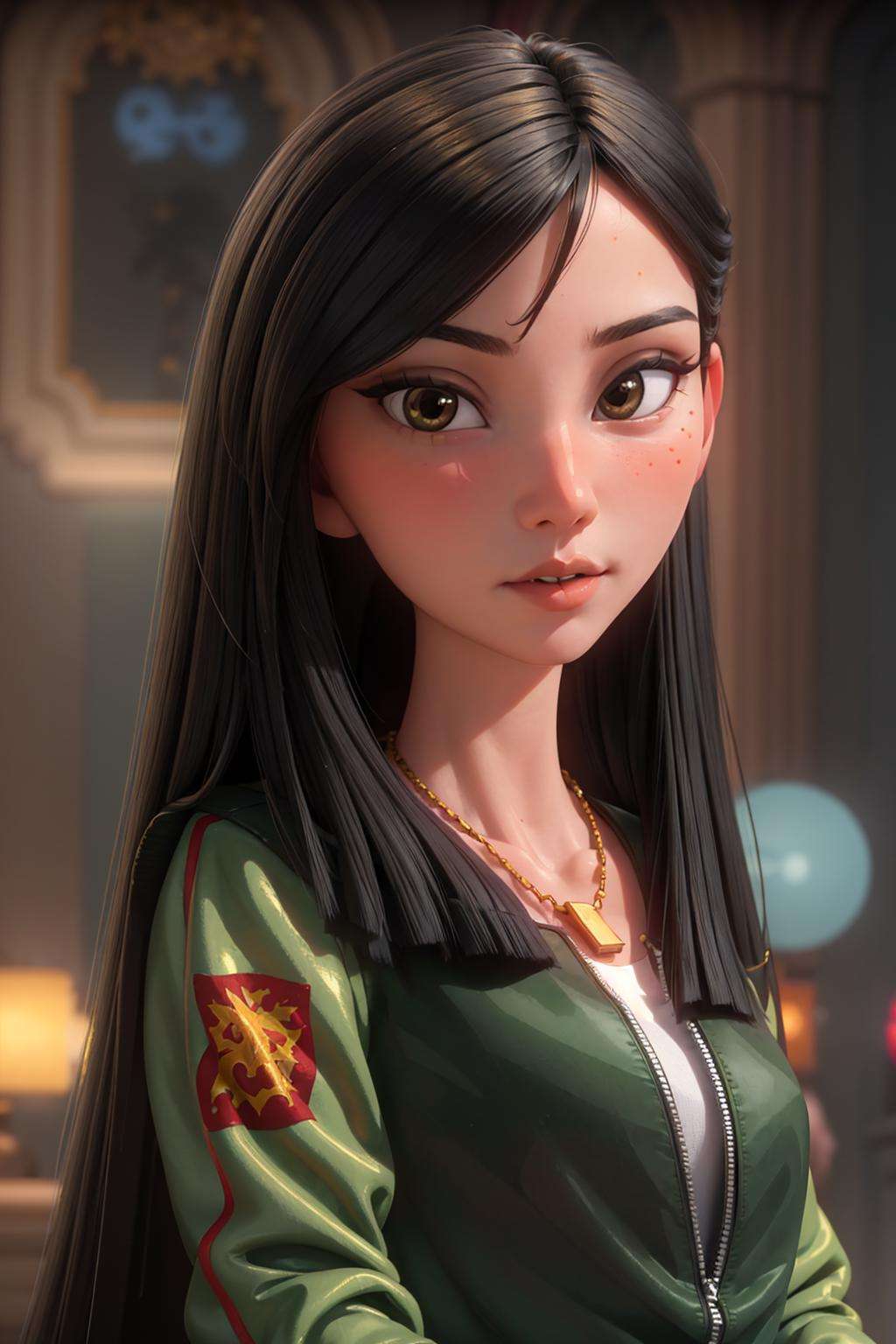 looking at viewer, parted lips,1girl, solo, blunt ends, brown eyes, long hair,streetwear, detailed green bomber jacket, raised collar, thin gold necklace,bustling city, hong kong, multiple people, volumetric lighting, realistic, blurred background, depth of field, masterpiece, best quality<lora:Mulan_ODD:0.6>