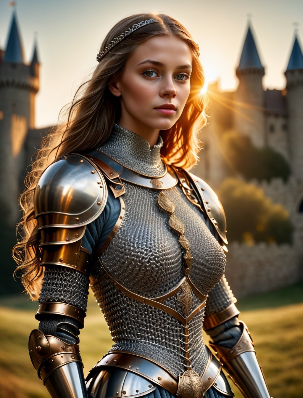 (masterpiece), (extremely intricate), (realistic), portrait of a girl, the most beautiful in the world, (medieval armor), metal reflections, upper body, outdoors, intense sunlight, far away castle, professional photograph of a stunning woman detailed, sharp focus, dramatic, award winning, cinematic lighting, , volumetrics dtx, (film grain, blurry background, blurry foreground, bokeh, depth of field, sunset,interaction, Perfect chainmail)  <lora:wowifierXL:0.6>