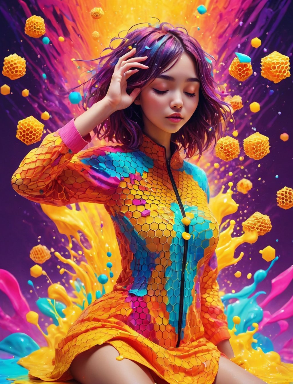 masterpiece, best quality, 1girl, closed eyes, upper body, splashing, abstract, psychedelic, neon, (honeycomb pattern), (creative:1.3), sy3, SMM, fantasy00d, hands behind back,