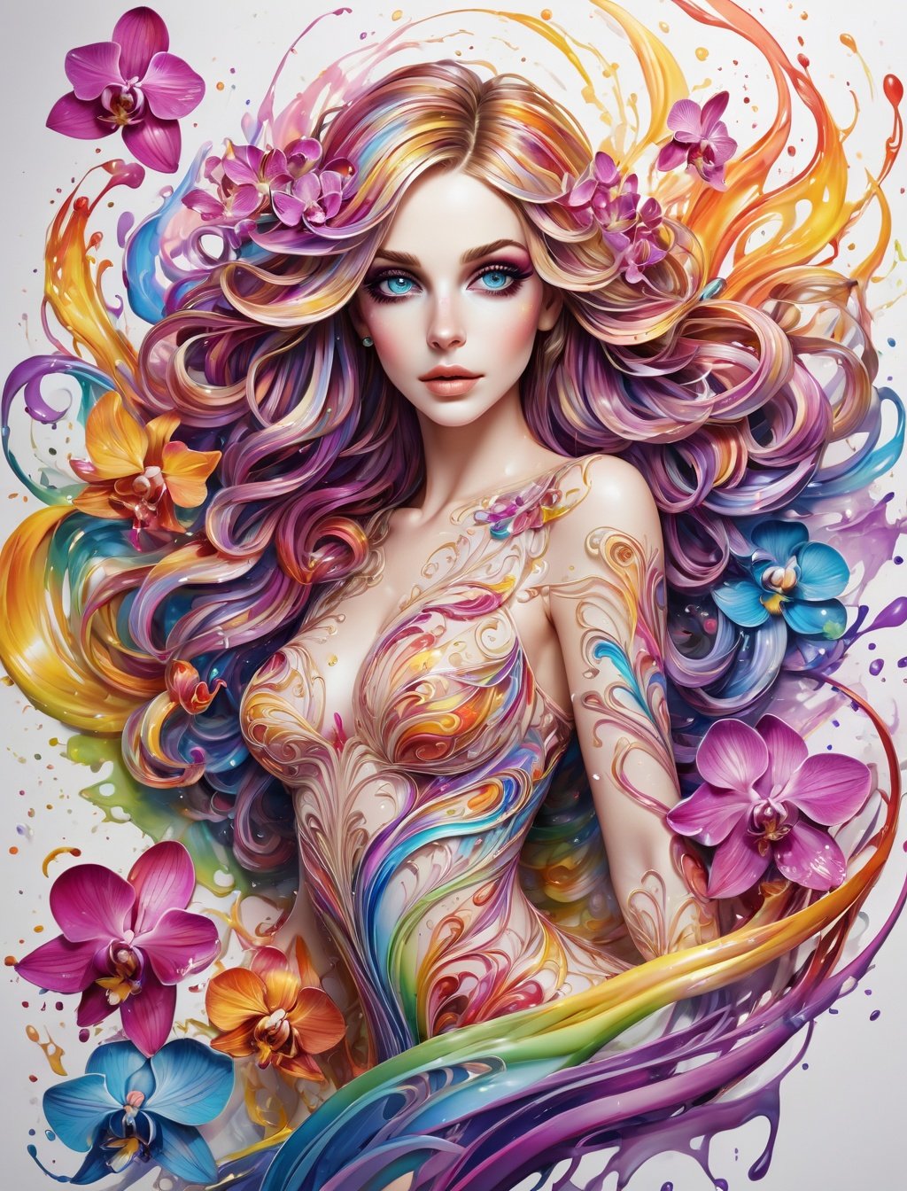 thin and thick color lines stroke, ink splash art, 1 liquid luminous lady made of colors, liquid Orchid flowers, filigree, filigree detailed, swirling rainbow flame, intricated pose, big beautiul eyes, slim waist, ,huayu,flower
