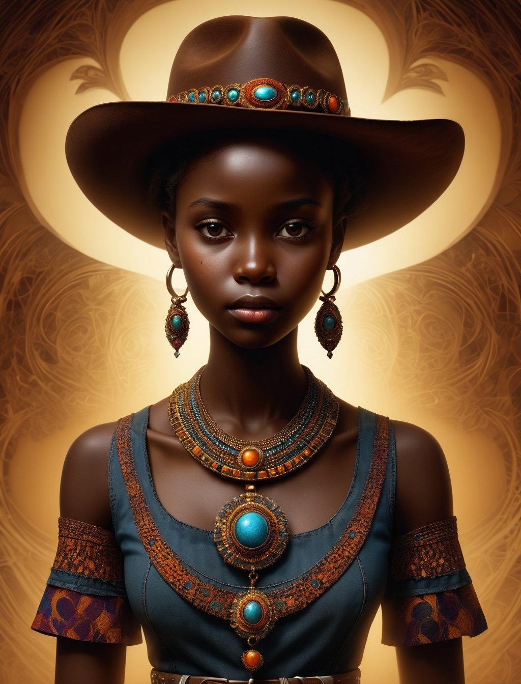 masterpiece, best quality, ultra high res, 1 dark skinned African girl, (fractal art:1.3), deep shadow, dark theme, fully clothed, necklace, forlorn, cowboy shot