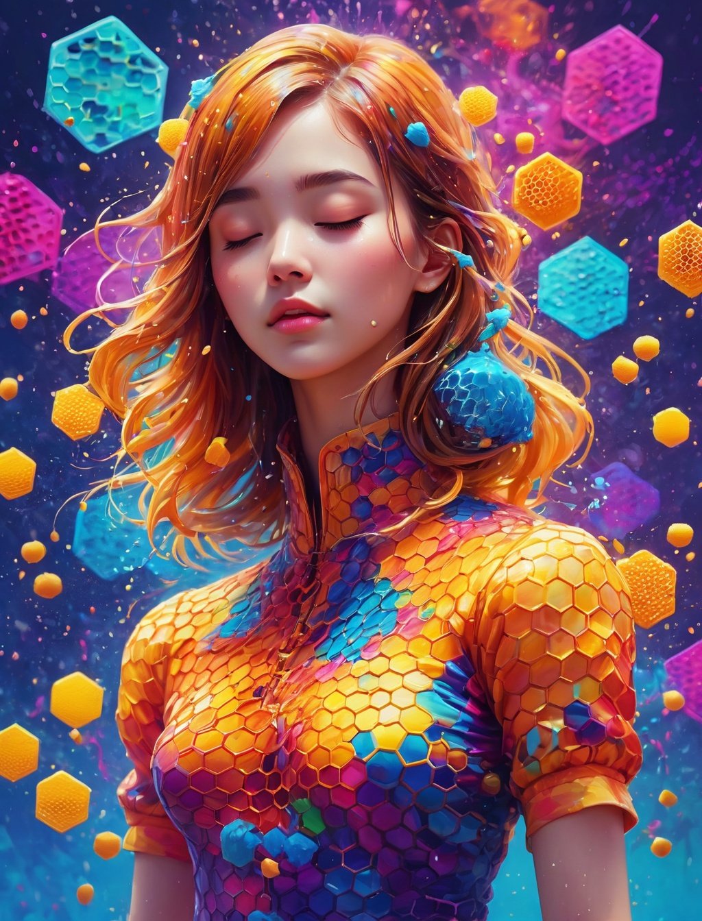 masterpiece, best quality, 1girl, closed eyes, upper body, splashing, abstract, psychedelic, neon, (honeycomb pattern), (creative:1.3), sy3, SMM, fantasy00d, hands behind back,