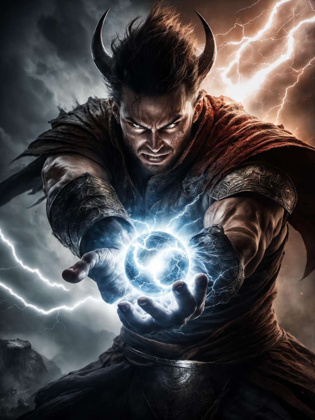 realistic and detailed   ball of energy in a hand of a powerful warrior who faces a demon,   realistic style,   infinite ultra high definition image quality and rendering, infinite image detail,  infinite realistic render,  infinite realistic lightning