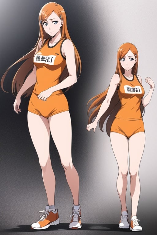 1girl, orange hair, long hair, gray eyes, hairclip, sportswear, ((detailed face and eyes)), perfect eyes, intrincate details, masterpiece, best quality, cinematiclighting, inoue orihime, anime ilustration, bleach art style, ((full body))
