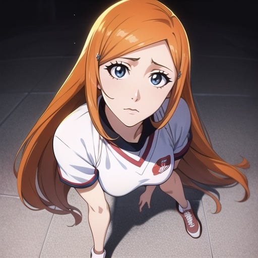 1girl, orange hair, long hair, gray eyes, hairclip, sportswear, ((detailed face and eyes)), perfect eyes, intrincate details, masterpiece, best quality, cinematiclighting, inoue orihime, anime ilustration, bleach art style, ((full body))
