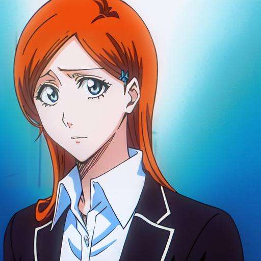 1girl, orange hair, gray eyes, hairclip, school uniform, ((detailed face and eyes)), perfect eyes, intrincate details, masterpiece, best quality, cinematiclighting, inoue orihime, anime ilustration, bleach art style, ((full body)),<lora:Orihime_Inoue-08:1.0>