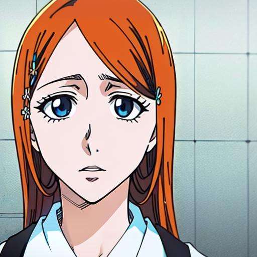 1girl, orange hair, gray eyes, hairclip, school uniform, ((detailed face and eyes)), perfect eyes, intrincate details, masterpiece, best quality, cinematiclighting, inoue orihime, anime ilustration, bleach art style, ((full body)), <lora:Orihime_Inoue:0.9>