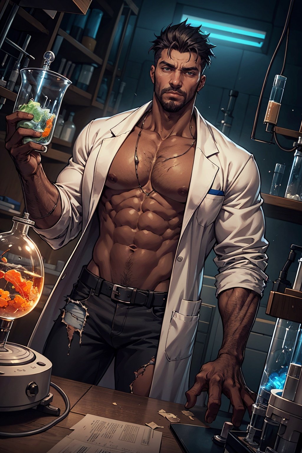 A man, monster male, [man | lizard], scale skin, lab coat, torn clothes, science lab, area ilumination, dutch angle, extremely detailed. 
