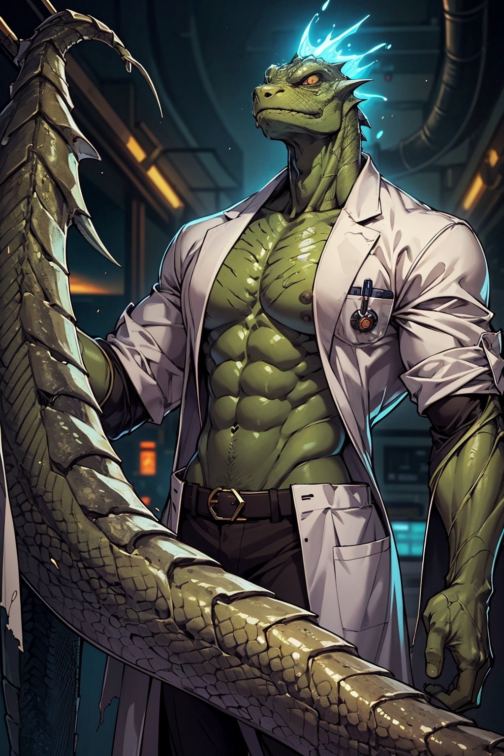 A man, monster male, creature, [human:lizard], ((scale skin)), lab coat, torn clothes, science lab, area ilumination, dutch angle, extremely detailed. 