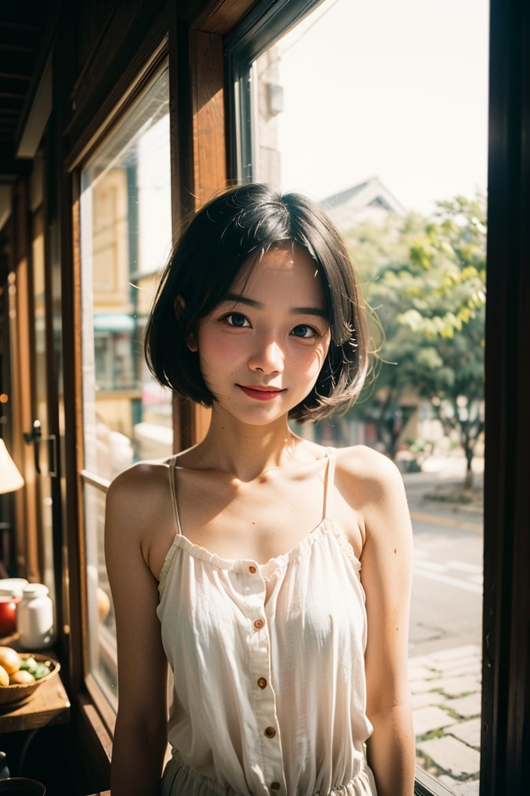 ((1girl, cos, loli:1.3, cute girl:1.2, moe, vietnam)),  (smiling:1.1)(old:0.2) standing by a window,  wearing a loose dress,  1970s sepia (faded:1.2),  (arm hair,  spots,  moles,  red button nose,  round eyes,  frown lines:0.99),  (faded,  neutral colors,  CANON AE-1:1.1,  high noise,  grainy,  film grain,  blurry,  32mm,  aged photo,  raytracing:1.1), <lora:EMS-5730-EMS:0.600000>, , <lora:EMS-29977-EMS:0.800000>