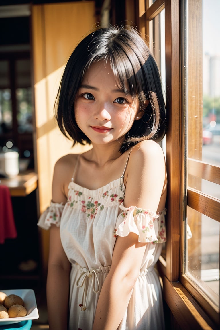 ((1girl, cos, loli:1.3, cute girl:1.2, moe, vietnam)),  (smiling:1.1)(old:0.2) standing by a window,  wearing a loose dress,  1970s sepia (faded:1.2),  (arm hair,  spots,  moles,  red button nose,  round eyes,  frown lines:0.99),  (faded,  neutral colors,  CANON AE-1:1.1,  high noise,  grainy,  film grain,  blurry,  32mm,  aged photo,  raytracing:1.1), <lora:EMS-5730-EMS:0.600000>, , <lora:EMS-29977-EMS:0.800000>