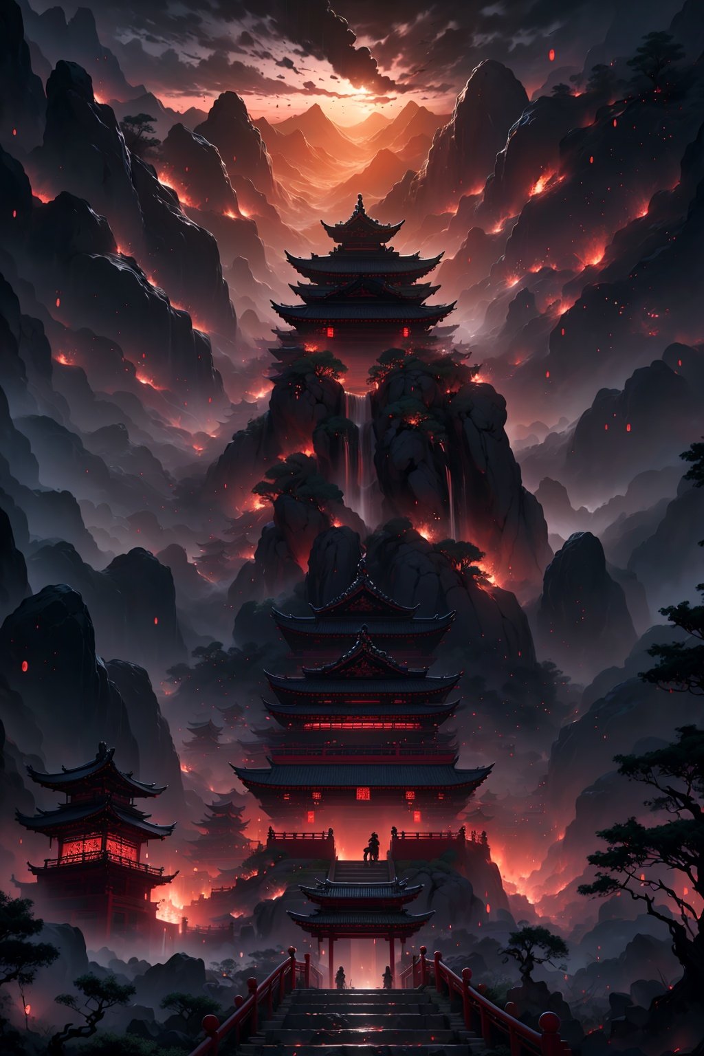 Chinese martial arts style,with vast sky,continuous mountains and steep cliffs,outline light,atmospheric atmosphere,depth of field,mist rising,bamboo,pine trees,stone pavilions,waterfalls,qilin \(mythology\),<lora:monster:0.7>,
