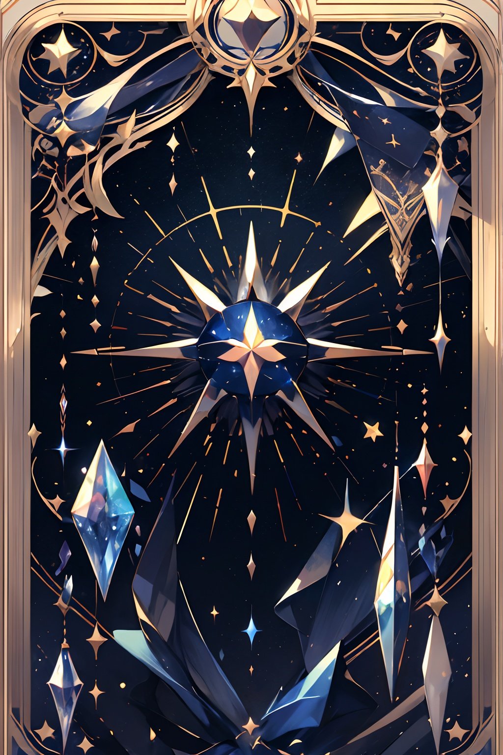 qztarot, no humans, solo, sparkle, gem, crystal, star \(symbol\), black background, constellation, Tarot card