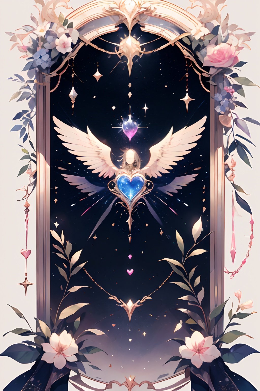 qztarot, flower, no humans, heart, solo, sparkle, pink flower, closed eyes, wings, Tarot card