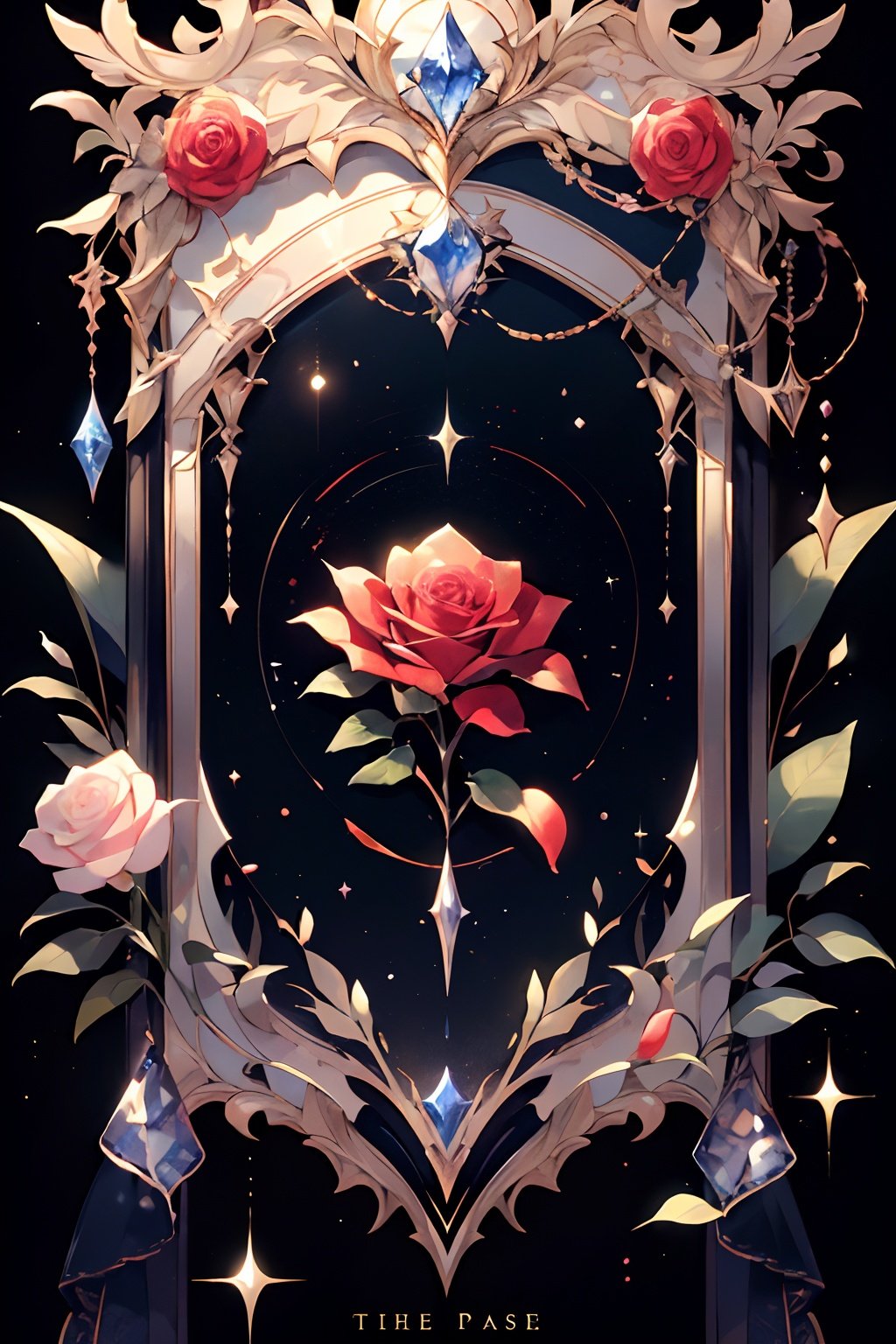 qztarot, flower, white flower, red flower, pink flower, rose, no humans, gem, sparkle, crystal, solo, black background, leaf, still life, Tarot card