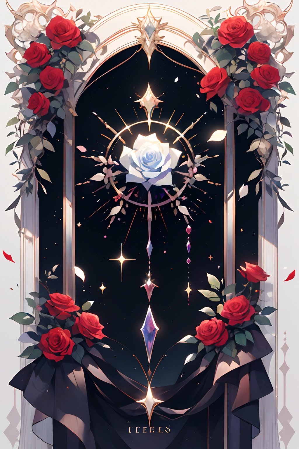 qztarot, flower, red flower, rose, no humans, red rose, gem, crystal, white flower, solo, thorns, sparkle, white rose, red gemstone, black background, bug, butterfly, Tarot card