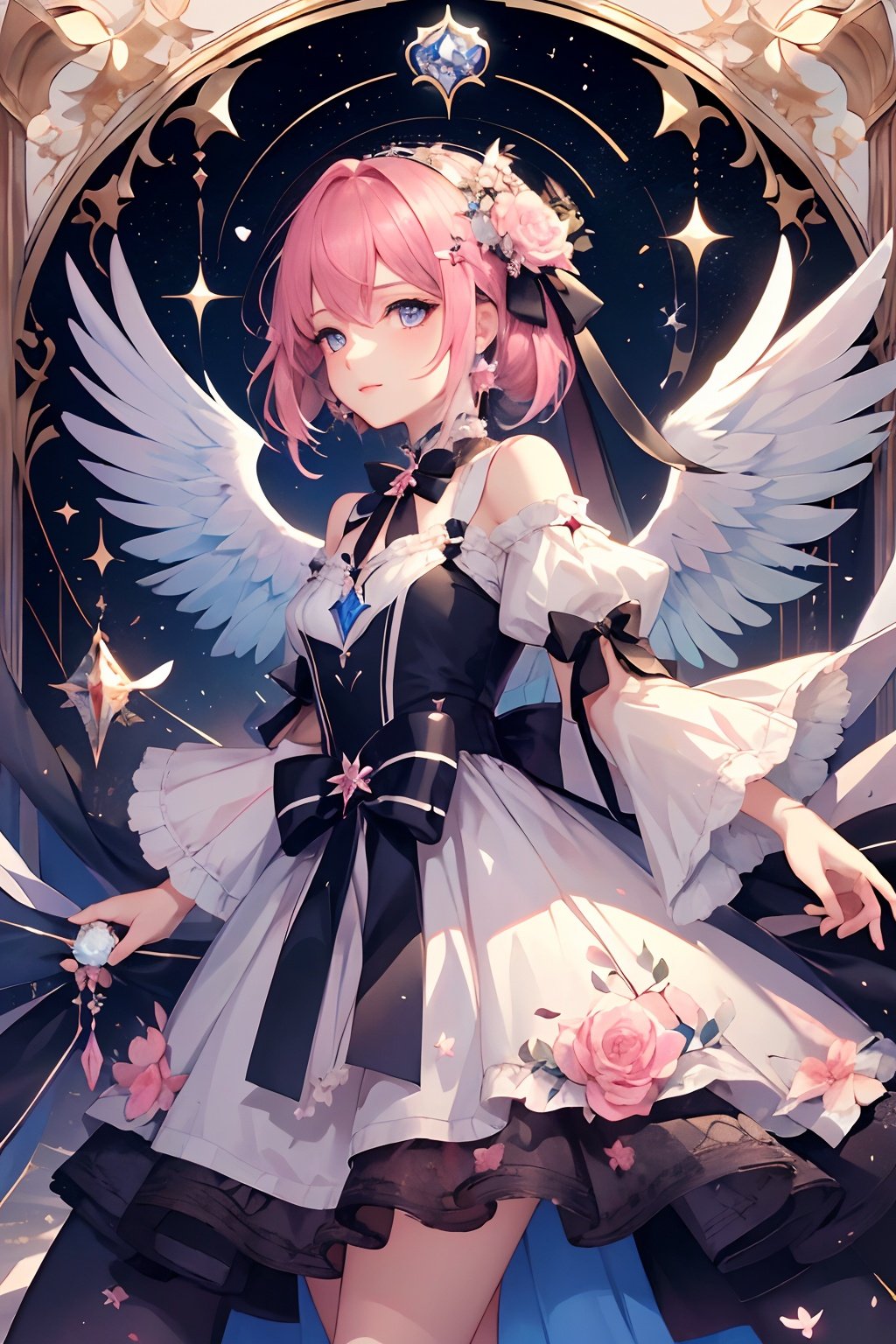 qztarot, kinomoto sakura, wings, flower, star \(symbol\), white wings, 1girl, solo, ribbon, pink flower, english text, feathered wings, Tarot card