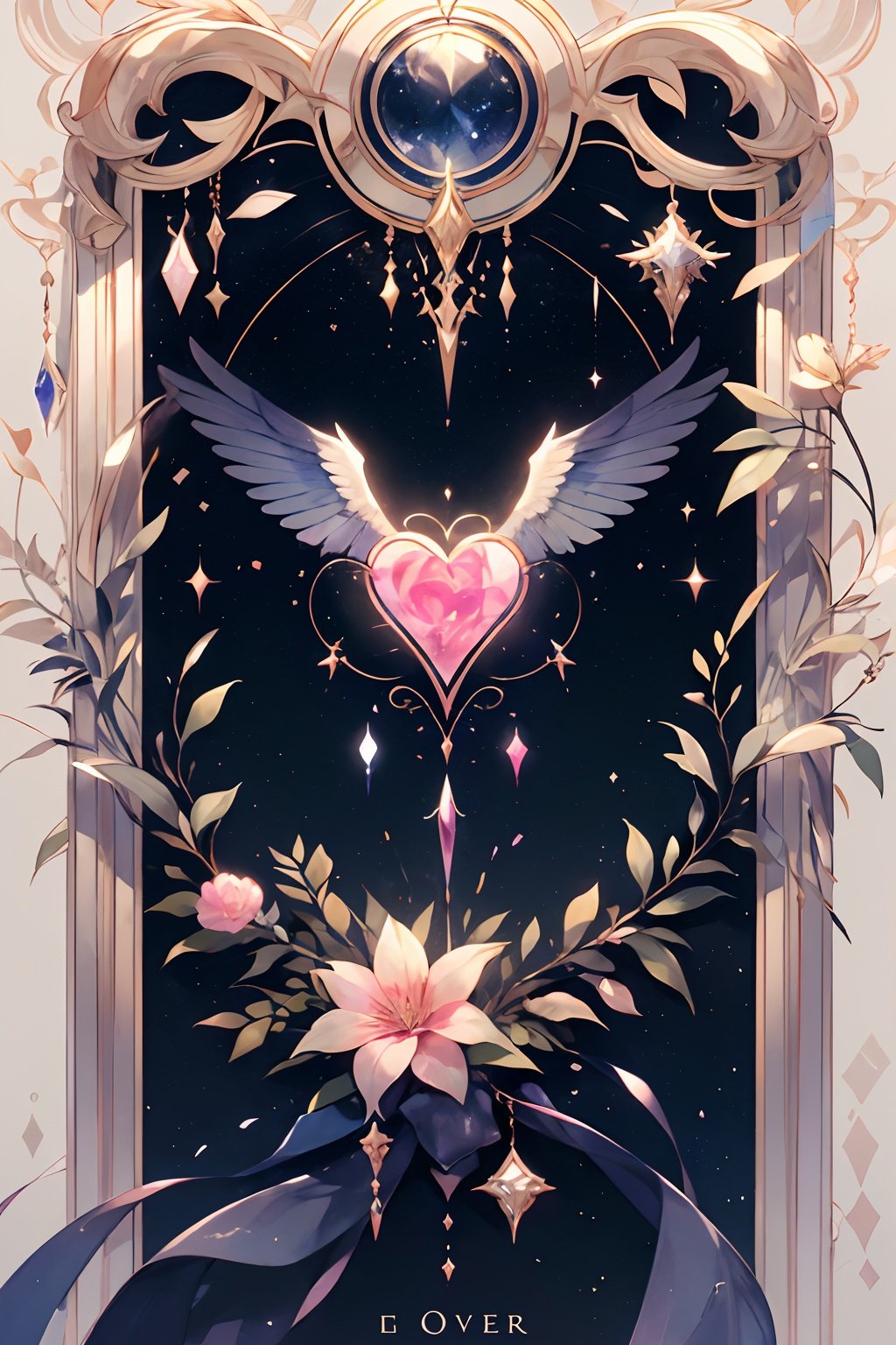 qztarot, flower, no humans, heart, solo, sparkle, pink flower, closed eyes, wings, Tarot card