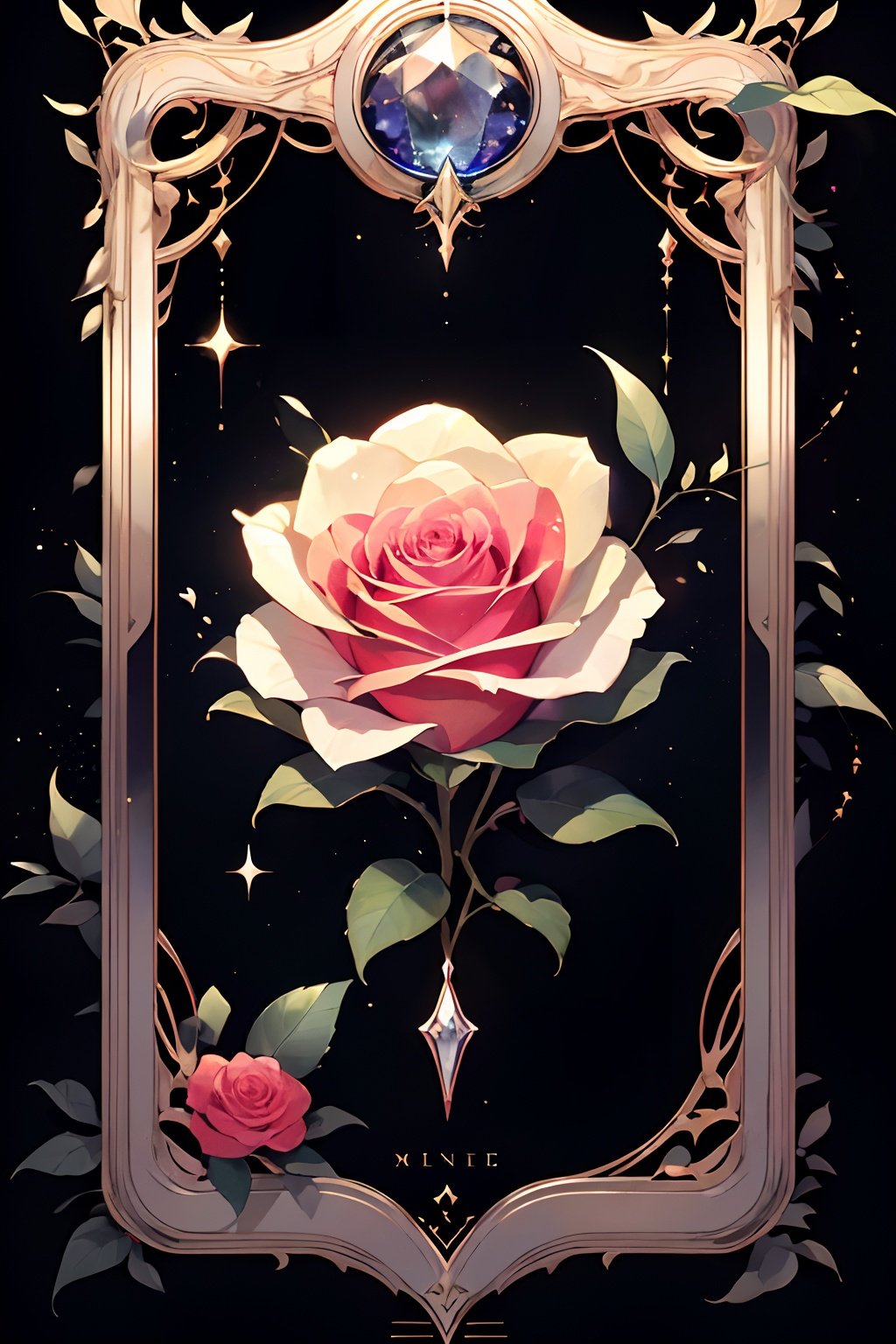 qztarot, flower, white flower, red flower, pink flower, rose, no humans, gem, sparkle, crystal, solo, black background, leaf, still life, Tarot card